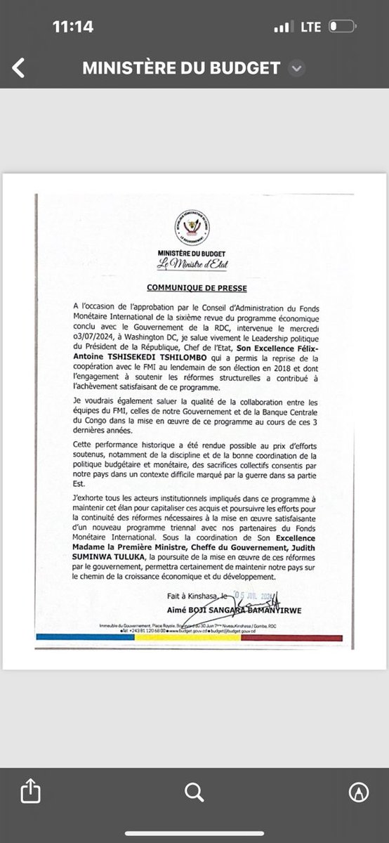 Bravo pour l'efficacité et le sérieux dans le  travail <a href="/BojiAime/">Aimé BOJI SANGARA (MSc, BSc Honours)</a> . Une fierté pour  le gouvernement de la RDC <a href="/SuminwaJudith/">Judith SUMINWA TULUKA</a> déterminé  à donner le meilleur de lui -même. Félicitations au leadership du Président de la  République  Félix-Antoine Tshisekedi qui a permis la reprise