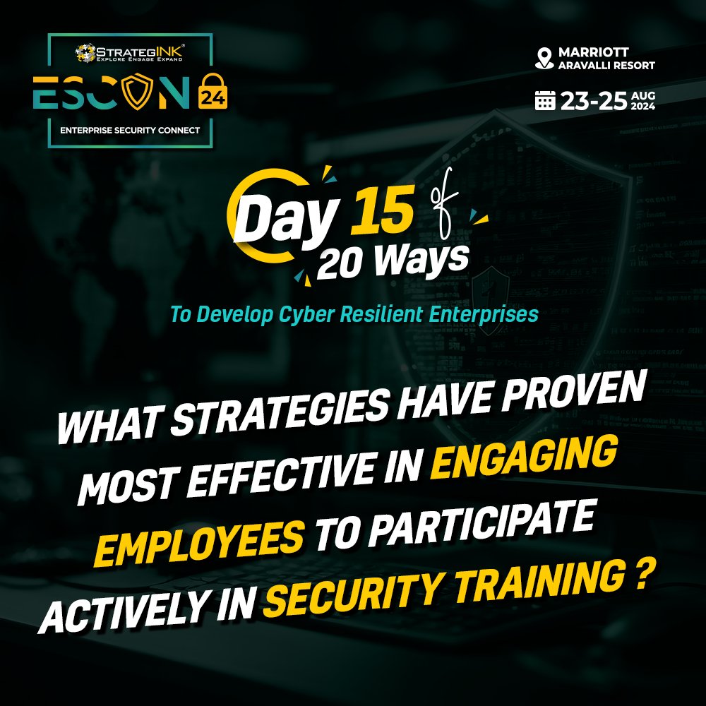 StrategINK (@strategink) on Twitter photo Engaging employees in security training can be a challenge, join us at ESCON to leverage the collective expertise  to enhance the security training programs, ensuring they are both effective and engaging.
strategink.com/escon/2024/
#strESCON #cyberresilience #enterprisesecurity Engaging employees in security training can be a challenge, join us at ESCON to leverage the collective expertise  to enhance the security training programs, ensuring they are both effective and engaging.
strategink.com/escon/2024/
#strESCON #cyberresilience #enterprisesecurity