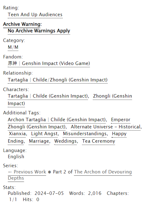 Silt &amp; Seagrass
#Tartali #タル鍾 #公钟 

After Archon 💧 grants 🔶's wish of becoming emperor of Liyue, 🔶 must now uphold his end of the bargain—fulfilling a millennia long promise to return to 💧's side.

Written for <a href="/tartaliteazine/">Moon in One’s Cup ❊ Aftersales Closed!</a> w/ <a href="/arudelux/">aru | 📌CF19 aftersales</a> 

archiveofourown.org/works/57141802