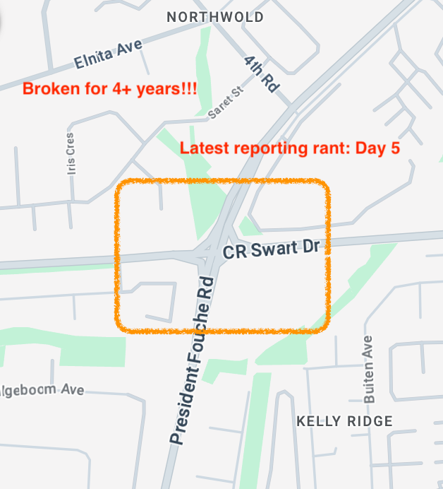 Still nothing is being done by <a href="/MyJRA/">Joburg Roads Agency</a> and <a href="/CityPowerJhb/">@CityPowerJhb</a> about the traffic light that's been broken for FOUR YEARS!!!! This is a danger to everybody passing there, especially at night. Why are we even paying taxes?? #Northwold #Bromhof #Boskruin