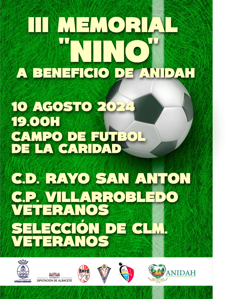 Buenos días!!!! Os damos a conocer un evento muy especial!!!!
el día 10 de agosto el III Memorial al eterno capitán NINO y nuestro partido benéfico, que esté año se realizará a la asociación ANIDAH!!!
Os esperamos.
