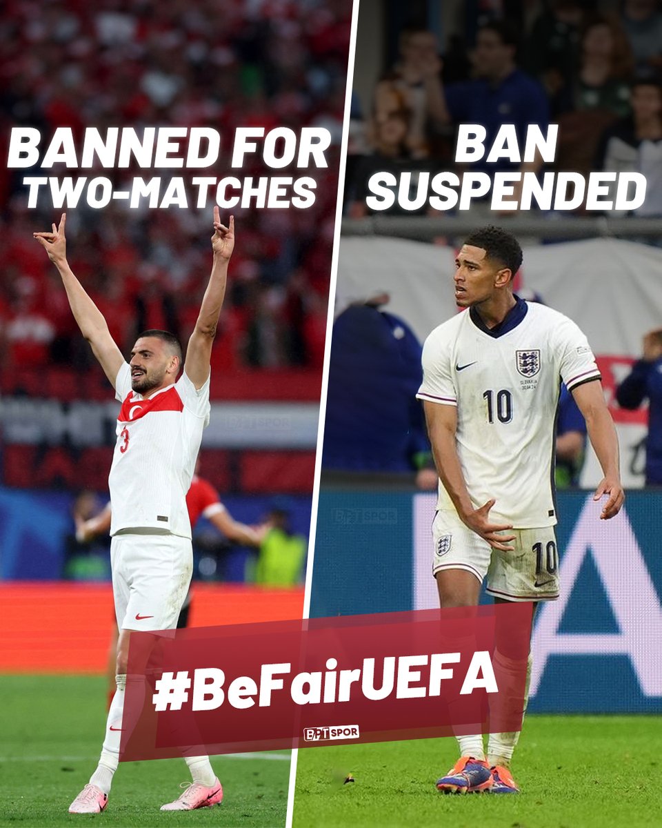 #BeFairUEFA

UEFA gave Merih Demiral A a 2-match ban, and Jude Bellingham a 30K pound fine and a 1-match suspended ban. Where is justice? 

Merih Demiral'a 2 maç men cezası veren UEFA, Jude Bellingham'a 30.000£ para cezası ve 1 maç ertelenmiş men cezası verdi. Adalet istiyoruz!