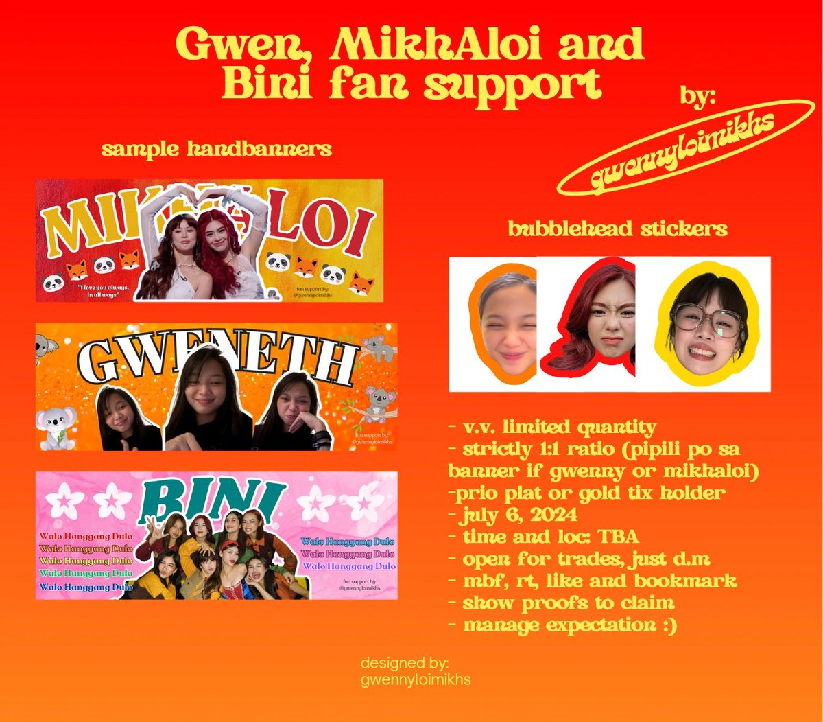 gwennyloimikhs's tweet photo. BINIverse Baguio Freebies
#Gwen #MikhaLoi fan support by @gwennyloimikhs 

please see the image for details

#BINI #BINIVerse_TheFirstSoloConcert 
#BINIverse https://t.co/QpbKubh8dW