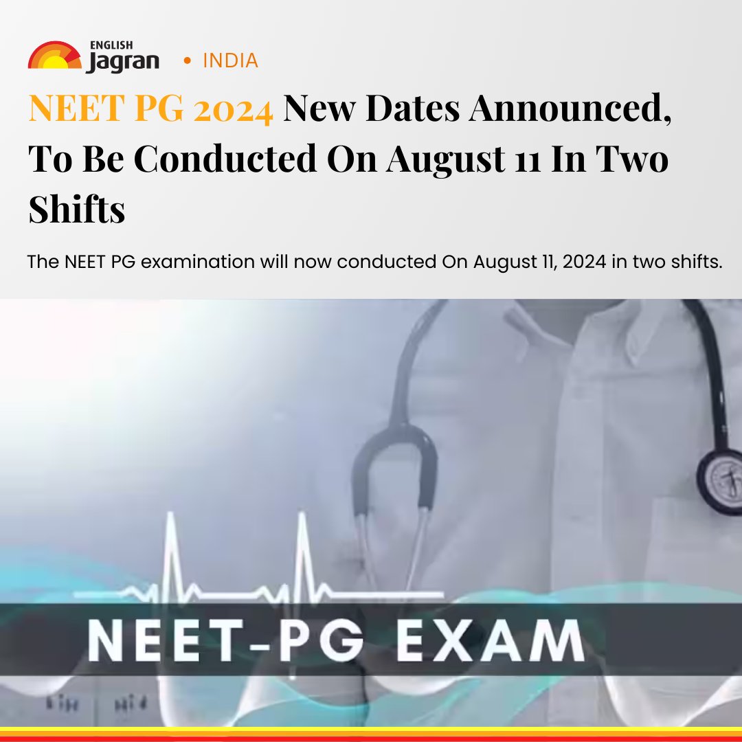 TheDailyJagran's tweet image. The National Eligibility and Entrance Test for Postgraduate (NEET PG) 2024, which had been delayed earlier last month, will now take place on August 11.

Read More: shorturl.at/fOBmb

#NEETPG #EntranceTest #Delayed