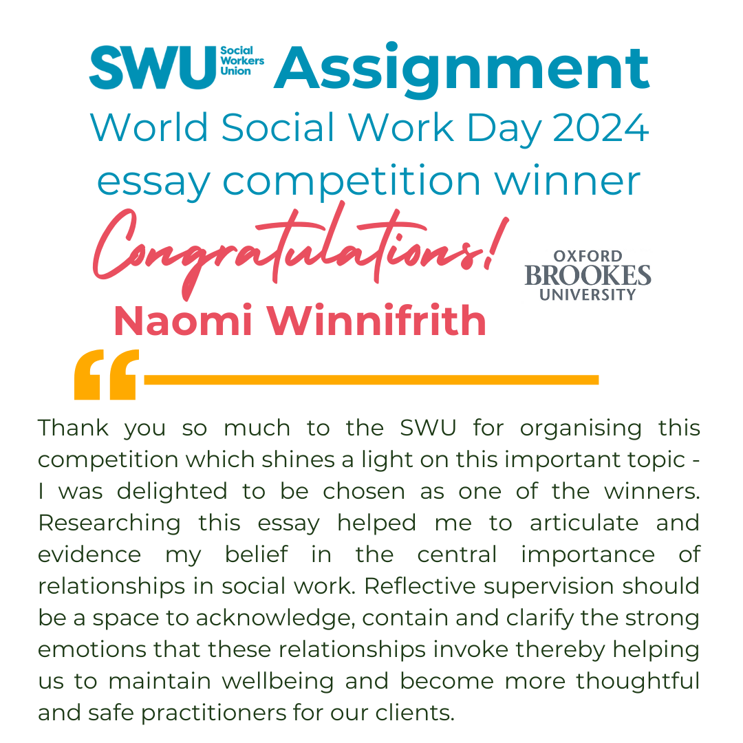 SWU_UK's tweet photo. 🏆Congratulations to #SWUAssignment #WSWD2024 essay competition winner Naomi Winnifrith! 

Read the winning essays on our website: https://t.co/Msk8deeGx2

#SocialWork #ReflectiveSupervision @obu_shssw https://t.co/Oo1PKozHhe