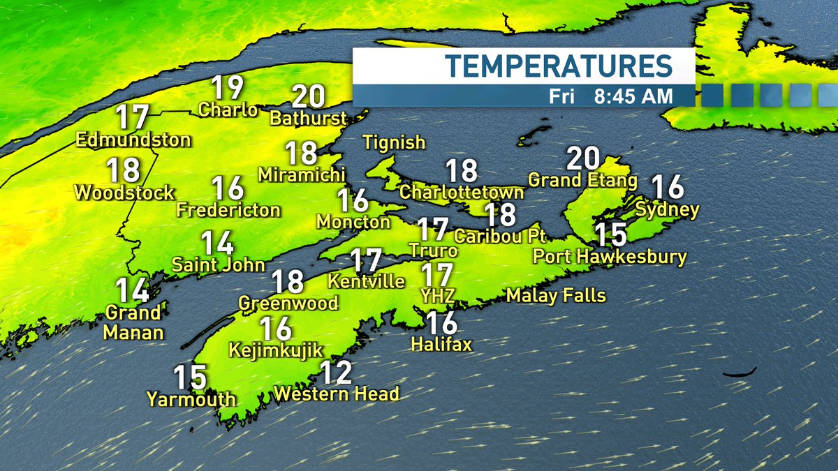 tsimpkin's tweet image. Happy Friday. Scattered showers this AM in the west with mild temps.  More showers will develop this afternoon with T-Storms possible in NB. SAT more showers with risks of T-Storms. Slow clearing on SUN. #nsstorm #nbStorm #peistorm