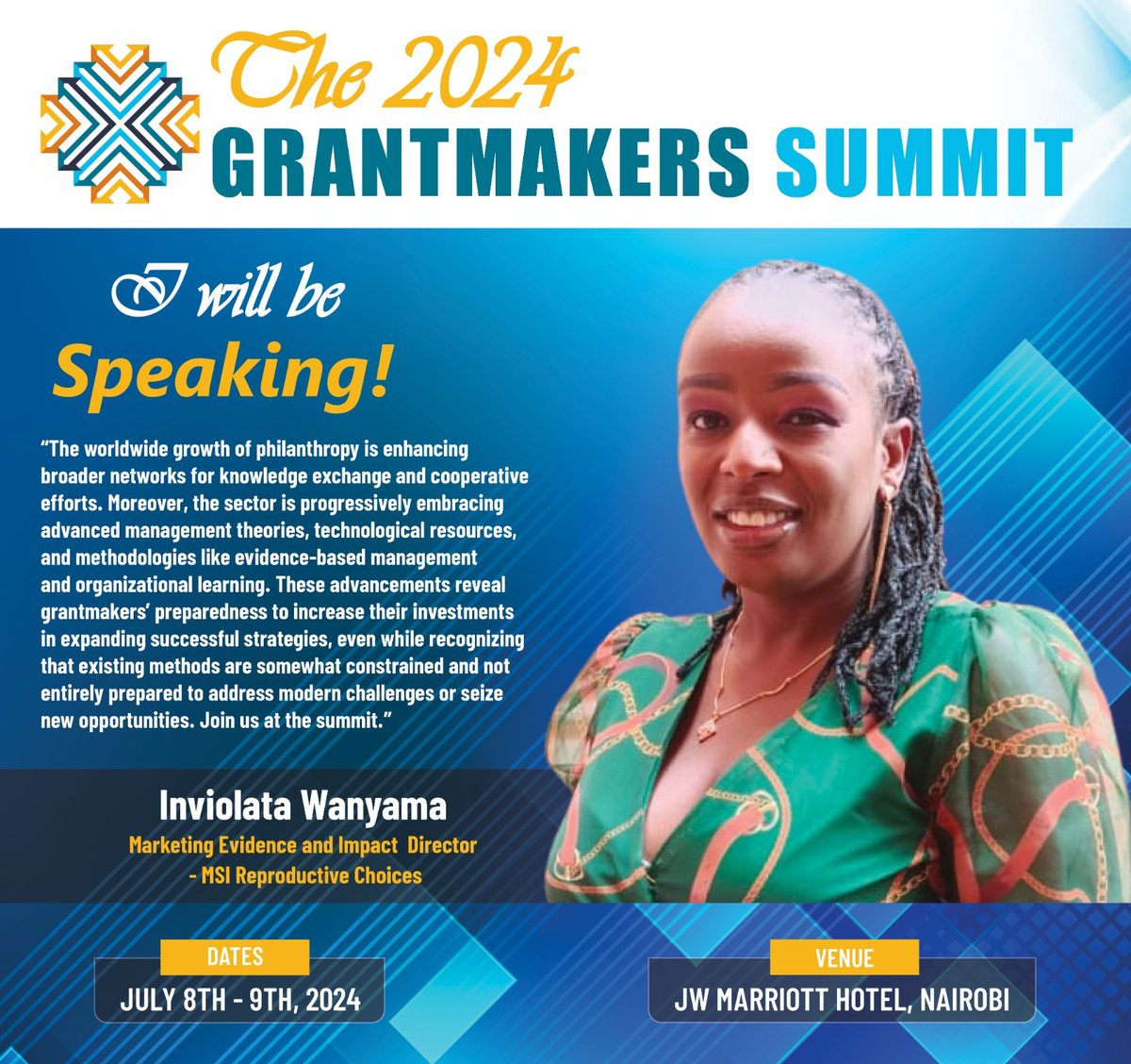 MarieStopesKe's tweet photo. @ivynafula, Head of MEI @MarieStopesKe, will be speaking at the 2024 @EAPhilanthropy Summit! 🌟 Join us to explore advancing philanthropy with evidence-based management and organizational learning. 
#GrantmakersSummit2024 #Philanthropy #Innovation https://t.co/uMK61UN5g7