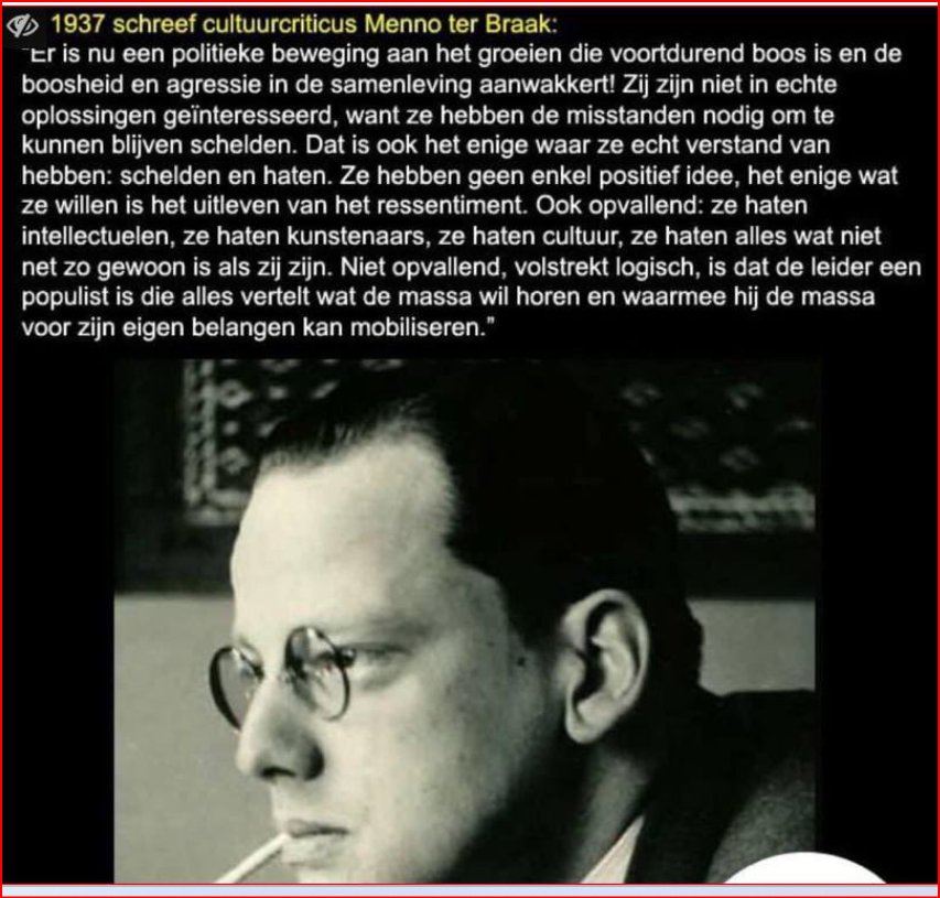 Neem deze woorden van Menno ter Braak uit 1937 in acht en leer ervan!👇
De parallellen tussen het heden en de jaren 30 zijn niet weg te masseren. 

Geert #Wilders Dick #Schoof Fleur #Agema De PVV #DEBAT #populisme #kleuterklas Marjolein #Faber 

Met dank aan <a href="/tonniebaumeiste/">AF1964</a>