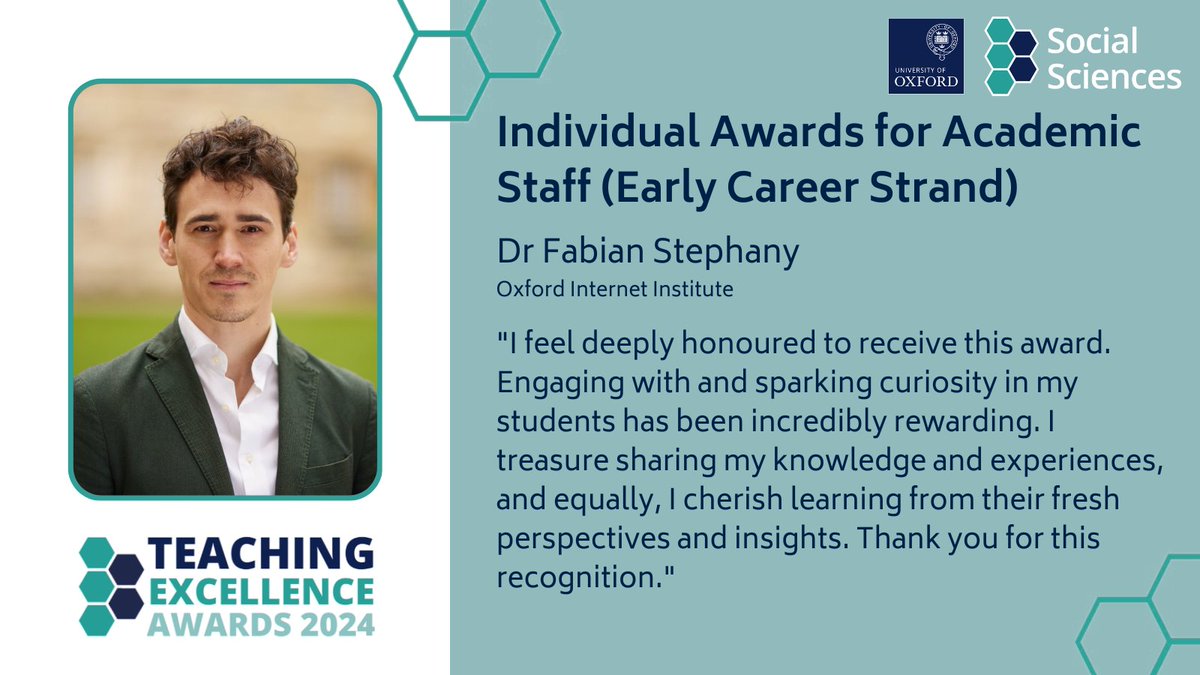 OxfordSocialSciences (@oxsocsci) on Twitter photo 🎉Congratulations to Dr <a href="/fabian_stephany/">Fabian Stephany</a> from <a href="/oiioxford/">Oxford Internet Institute</a> who has received a Teaching Excellence Award for his outstanding commitment to student engagement and fostering a stimulating environment.
➡️ Read more: ow.ly/JHg050Sbm4u 🎉Congratulations to Dr <a href="/fabian_stephany/">Fabian Stephany</a> from <a href="/oiioxford/">Oxford Internet Institute</a> who has received a Teaching Excellence Award for his outstanding commitment to student engagement and fostering a stimulating environment.
➡️ Read more: ow.ly/JHg050Sbm4u