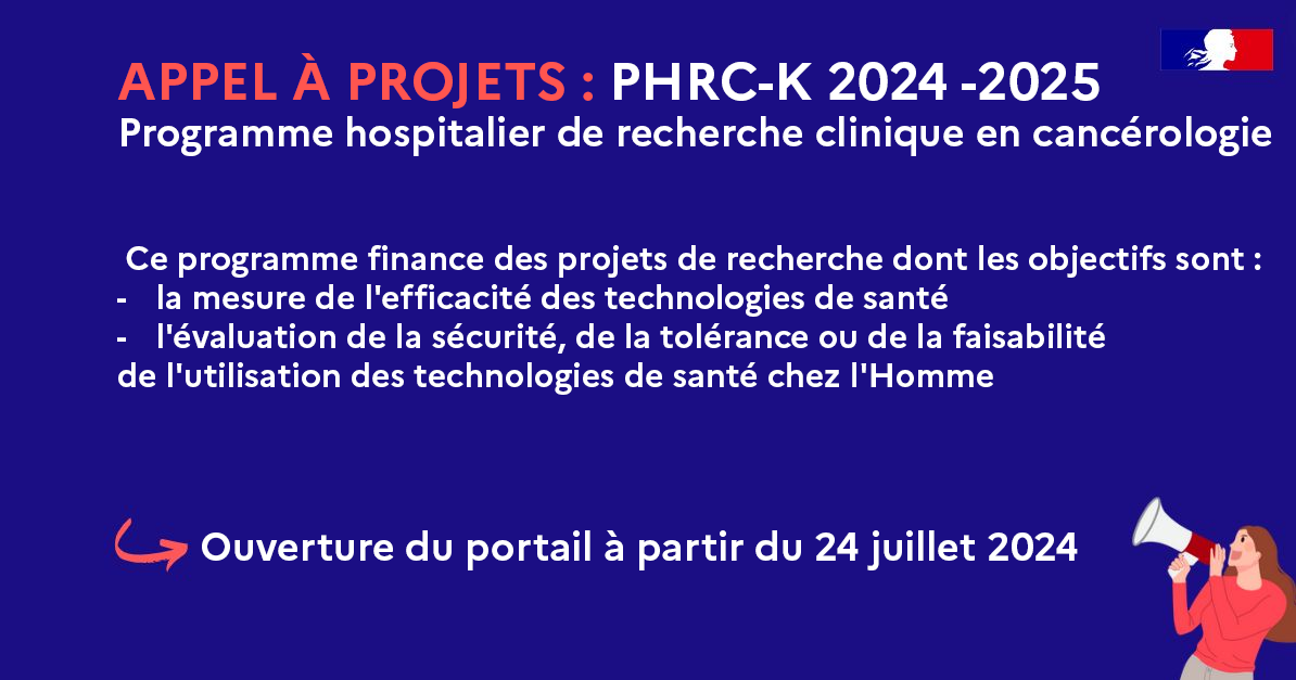 Institut_cancer's tweet photo. 📣Appel à projets
Lancement du PHRC-K 2024-2025 qui finance des projets de recherche sur :
- la mesure de l'efficacité des tech. de santé
- l'évaluation de la sécurité, de la tolérance ou de la faisabilité de l'utilisation de ces tech. chez l'Homme.
➡️https://t.co/qFQueWSl56 https://t.co/WEVUe8ah41