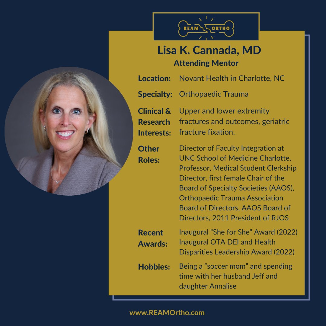 Meet our Attendings!
Dr. Lisa Cannada has made it her mission to make the path better for those that follow, by her work and leadership roles. She has over 220 publications and 250 presentations at national meetings.

#reamortho #orthotwitter #orthopedictrauma #aaos #rjos #ota