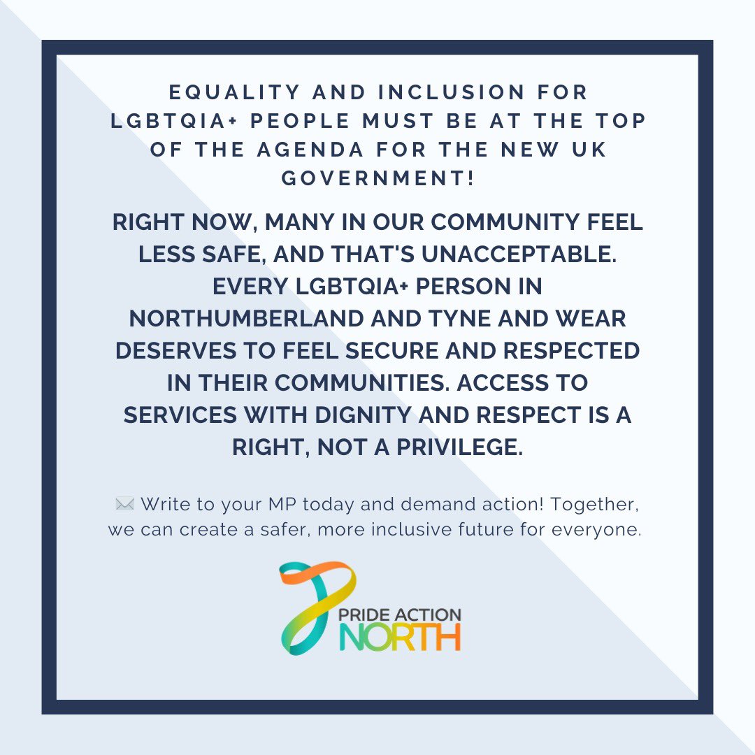 Equality and inclusion for LGBTQIA+ people must be at the top of the agenda for the new UK Government!

✉️ Write to your MP today, together, we can create a safer, more inclusive future for everyone. 

#PrideActionNorth #TogetherWeAreStronger #LGBTQIA #GeneralElection #GennyLec