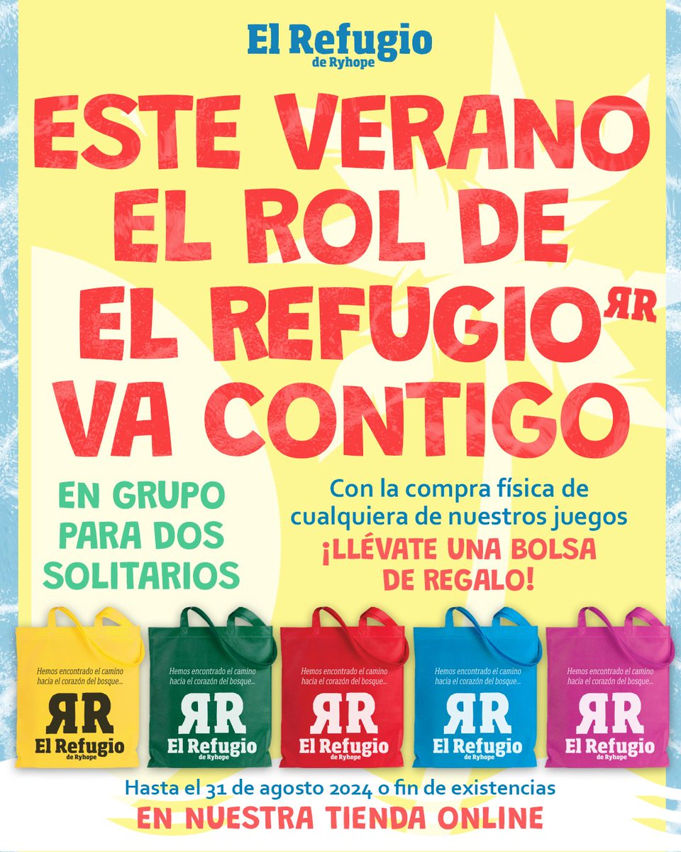 elrefugioedit's tweet photo. 📣📣 Llega el verano y en El Refugio te regalamos una bolsa para que disfrutes del rol allá donde vayas 🌞 Este verano el rol de El Refugio va contigo ➡️ https://t.co/wccrGpnBYR 🛍️ Ya sea en grupo, en pareja o en solitario, nuestro catálogo te lo pone fácil 😎 https://t.co/HUL5O5IDGB