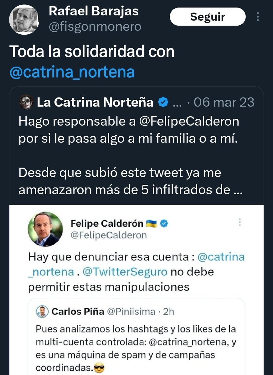 La Catrina Norteña (@catrina_nortena) on Twitter photo #FueraMayerDeMorena
Me extraña del <a href="/fisgonmonero/">Rafael Barajas</a>, que el año pasado, cuando también era una cuenta anónima, me brindaba toda su solidaridad porque criticaba a @felipecalderon.
Pero ahora que hago una crítica del porqué le regalaron una Diputación Pluri al Bailarín de #FueraMayerDeMorena
Me extraña del <a href="/fisgonmonero/">Rafael Barajas</a>, que el año pasado, cuando también era una cuenta anónima, me brindaba toda su solidaridad porque criticaba a @felipecalderon.
Pero ahora que hago una crítica del porqué le regalaron una Diputación Pluri al Bailarín de