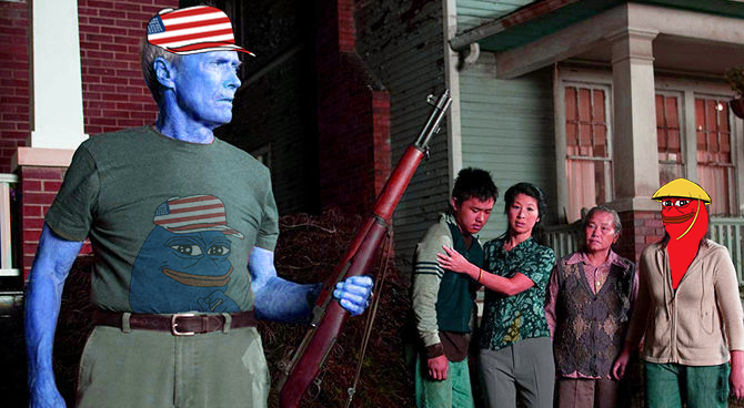 USPepeERC20's tweet photo. $USPEPE soldier Clint Eastwood found some imposters in his neighborhood. 

He quoted @realDonaldTrump:
"We can't continue to allow $PeiPei to rape our country. And that's what they're doing. It's the greatest theft in the history of the world."

#USPEPE https://t.co/ohcdg6BnJx