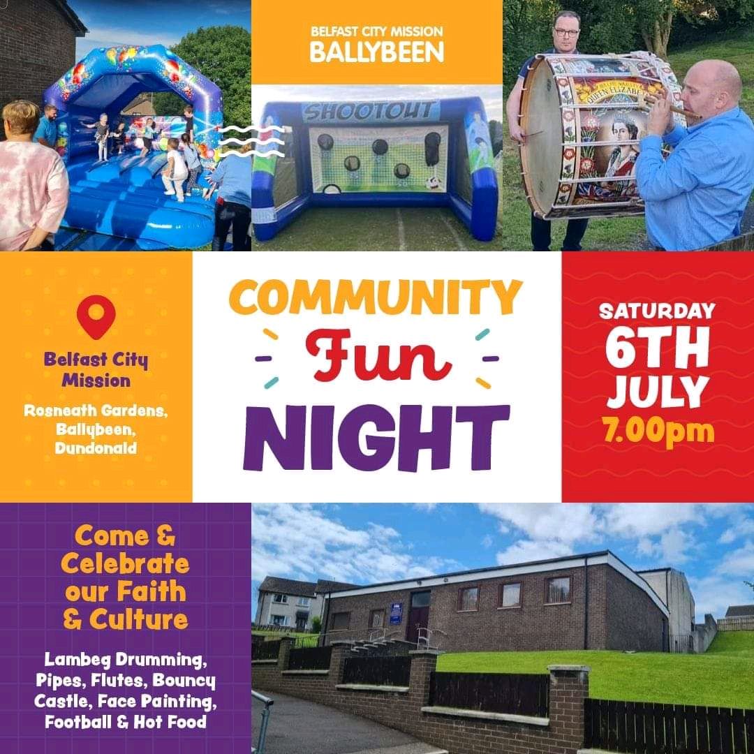DundonaldBiz's tweet photo. ᑕOᗰᗰᑌᑎITY ᖴᑌᑎ ᑎIGᕼT

📢 It's all happening on SATURDAY NIGHT at 7pm 

✔️ Fun for all the family - For all the community 

🪗🥁 Bands 🏰 Bouncy Castle 
🥅 Football 🎨🤡 Face Painting 
🍔 Hot Food

#Dundonald #BelfastCityMission #Ballybeen #Community https://t.co/Ux7sLBG7l0