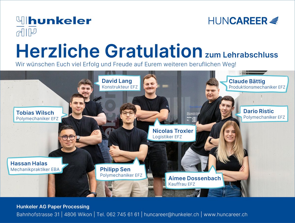 hunkelerag's tweet image. Congratulations to our young professionals!🚀🎉

We are pleased to announce that our eight apprentices have successfully completed their apprenticeships. We are proud of your achievements and wish you all the best for your future careers.

#huncareer #congratulations #hunkeler