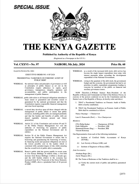 AmbokoJH's tweet photo. The membership of the taskforce on Kenya's public debt audit:

· Chairperson - Nancy Onyango (I have asked whether it's the former IMF Director, Office of Internal Audit. I am waiting for clarification)
· Vice Chairperson - Prof. Luis G. Franceschi

Members:

· CPA Philip Kakai, Chairperson - ICPAK
· Faith Odhiambo, President - LSK
· Shammah Kiteme (Eng.) - President, IEK
· Vincent Kimosop

Joint Secretaries:

· Abraham Rugo (Dr.)
· Aaron Thegeya (Dr.).
