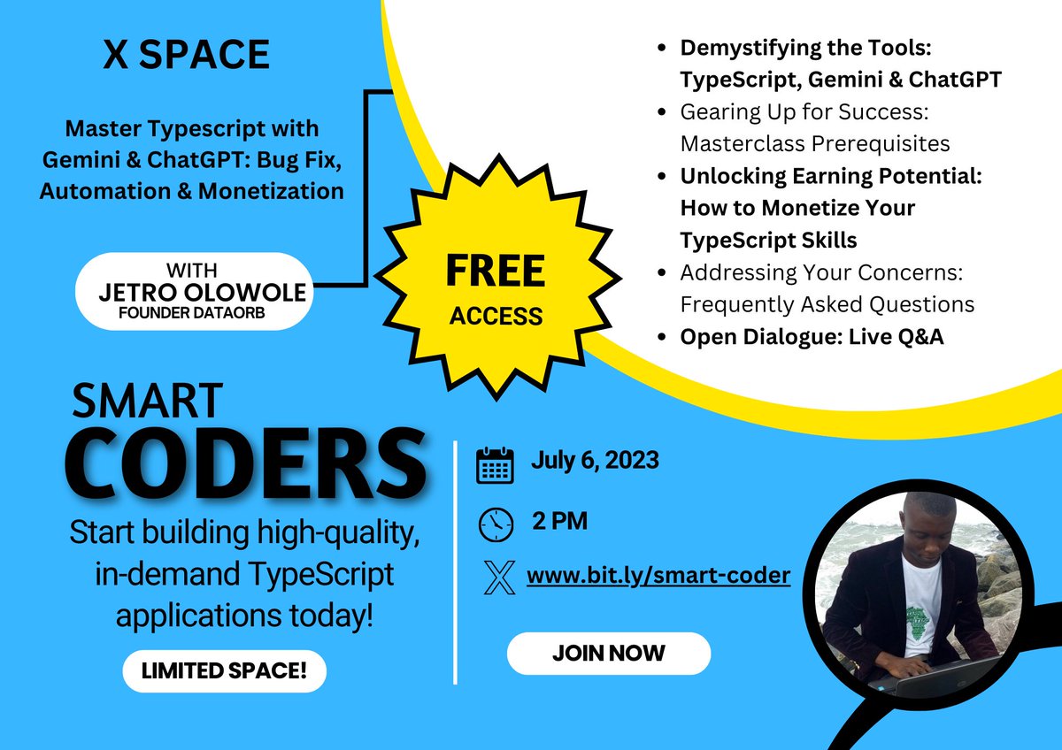 smartcoders_'s tweet image. I will be hosting a free WhatsApp session on Master Typescript with Gemini & ChatGPT: Bug Fix, Automation & Monetization. 
Agenda: 
1. Demystifying the Tools: TS, Gemini & ChatGPT
2. Prerequisites
3. Unlocking Earning Potential
4. FAQ
5. Q&A
Visit: bit.ly/smart-coder