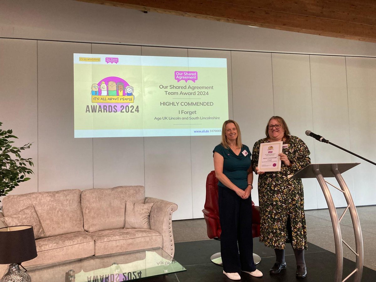 🏆 Our #SharedAgreement #TeamAward 2024 🏆

Congratulations for being Highly Commended...I Forget, Age UK Lincoln &amp; South Lincolnshire👏

Join the conversation #IAAPCon24 💬

#everyonelincolnshire #itsallaboutpeople #awards #coproweek #coproweeklincs #coproduction