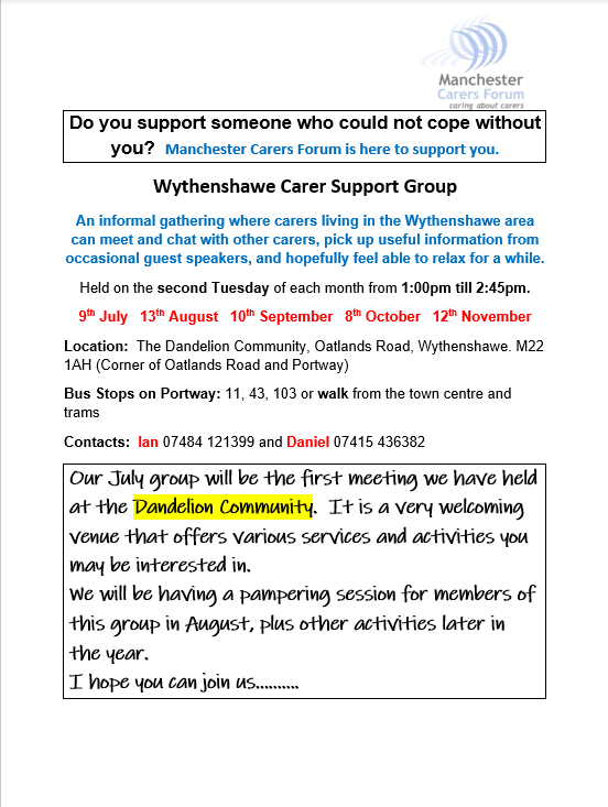 Zoe B LDCC (she/her) (@zoebisbyldcc) on Twitter photo Join the <a href="/CarersForumMCR/">CarersForumMCR</a> for their #Wythenshawe Carer Support Group
Second Tuesday of each month, 1pm-2:45pm at The Dandelion Community, Oatlands Road Join the <a href="/CarersForumMCR/">CarersForumMCR</a> for their #Wythenshawe Carer Support Group
Second Tuesday of each month, 1pm-2:45pm at The Dandelion Community, Oatlands Road