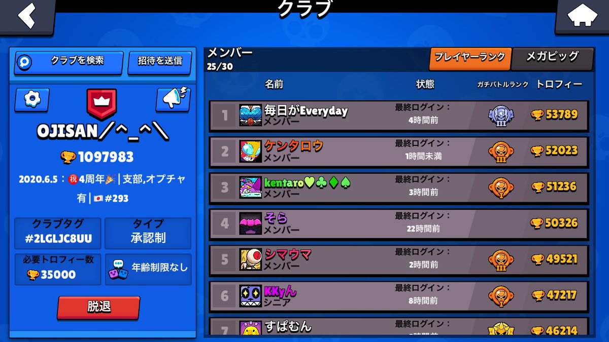 クラブメンバー募集！
現在5人空いてます！

人が急に減ったので参加条件トロフィーを35000に下げました！
メガピッグチケット全消費できる方募集してます！

ぜひ参加よろしくお願いします

#ブロスタ
#クラブ