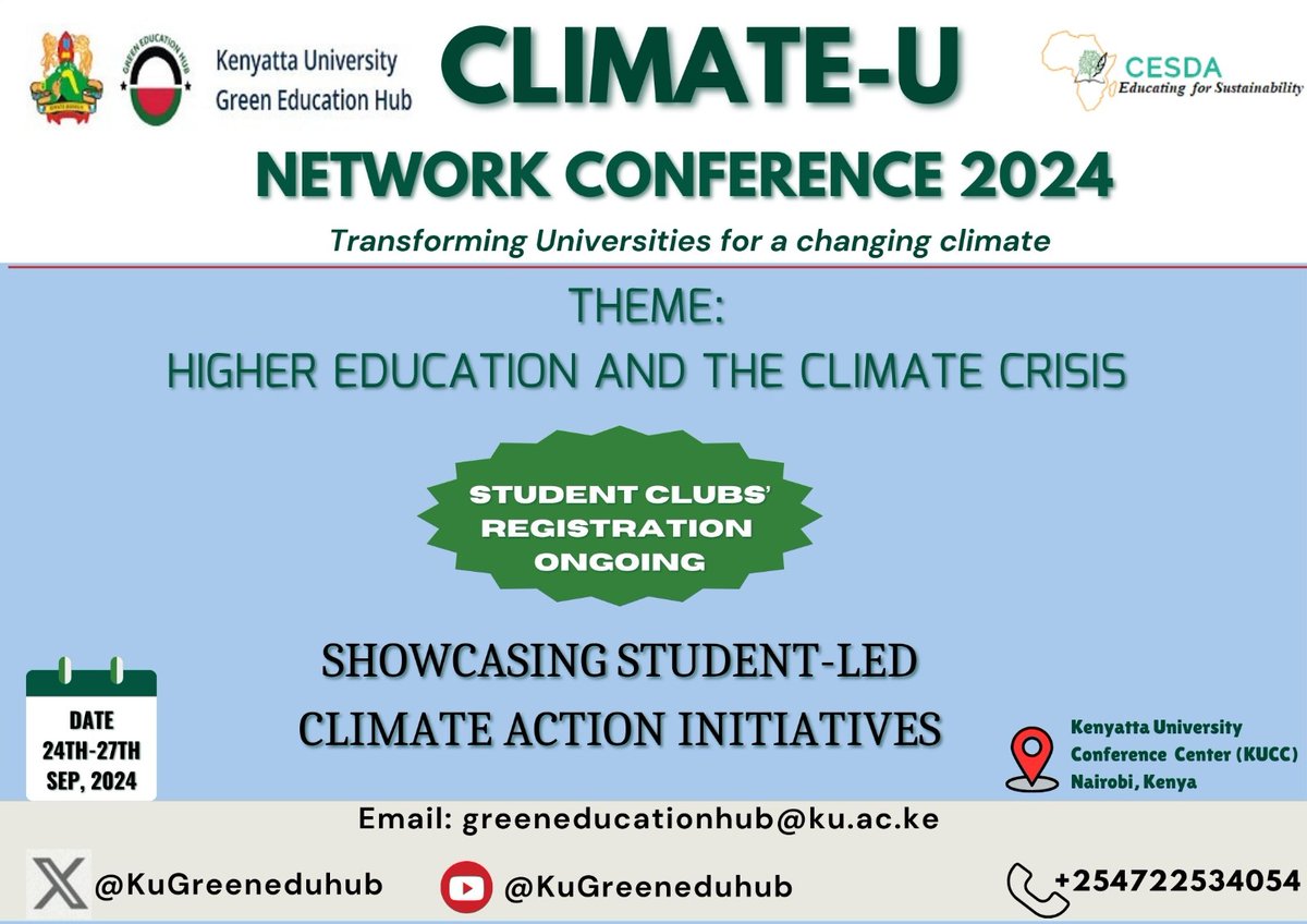 KUGreenEduHub's tweet photo. We are thrilled to invite you to highlight the achievements of your student-led club at our upcoming conference on September 24, 2024. This presents a wonderful opportunity to showcase your climate action-related innovations and initiatives.https://t.co/LhWoiPZXU8 https://t.co/0a8VwtlcJx