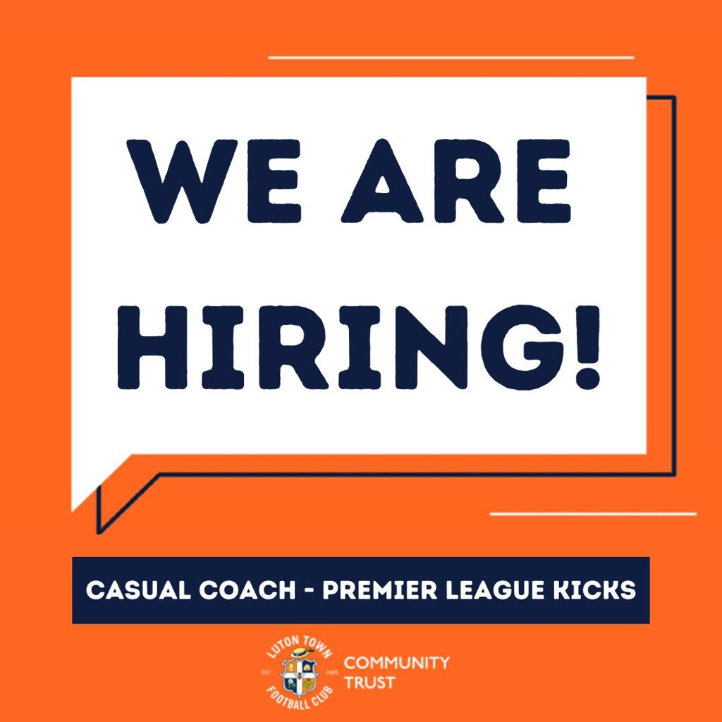 LutonTownCT's tweet image. We’re hiring!🧡
 
Luton Town FC Community Trust is seeking to appoint enthusiastic and dedicated Premier League Kicks coaches to deliver structured and enjoyable football sessions which are inclusive and allow participants to reach their potential. The Premier League Kicks…
