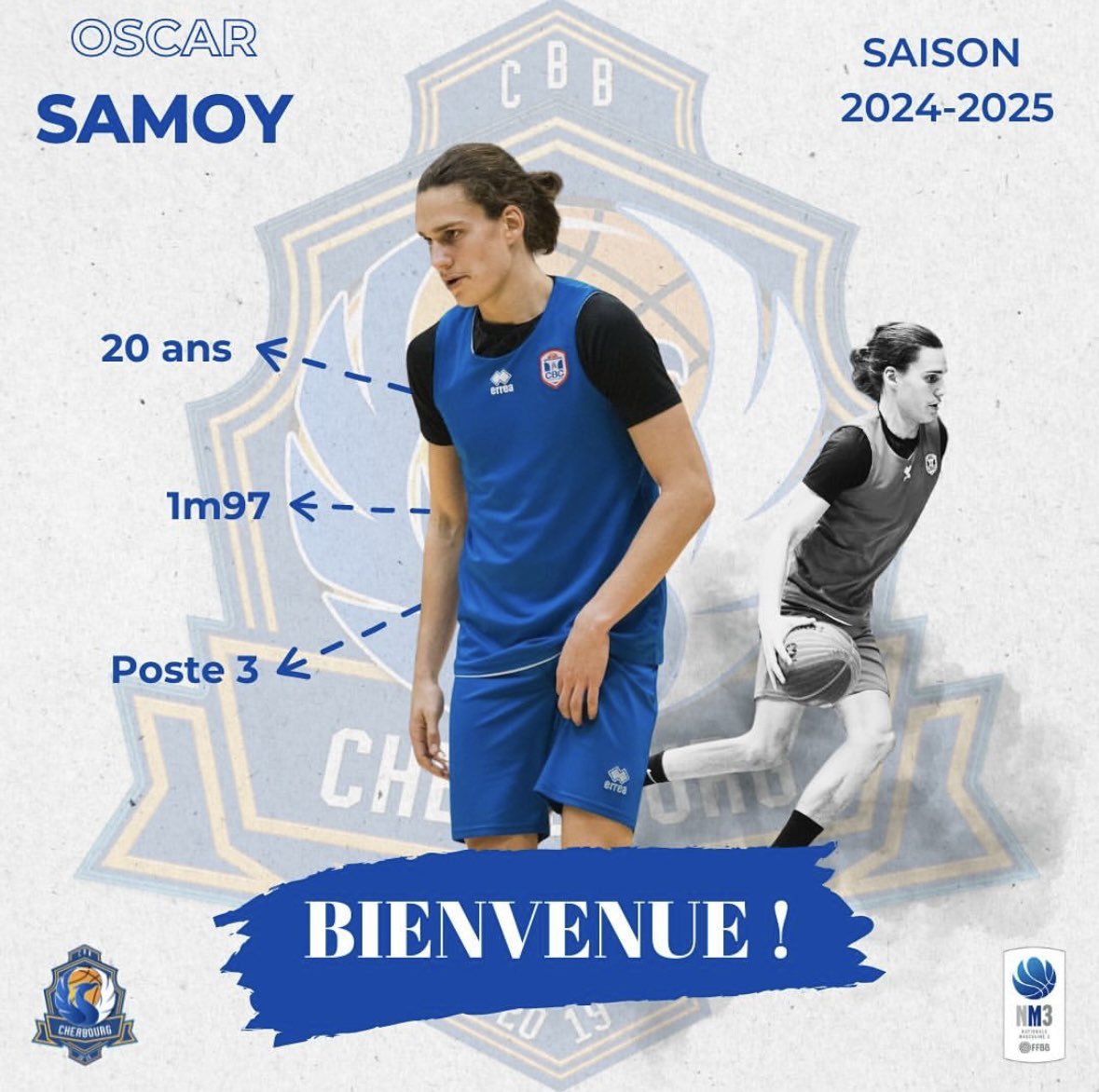 𝐄𝐟𝐟𝐞𝐜𝐭𝐢𝐟 𝐍𝐌𝟑 𝐬𝐚𝐢𝐬𝐨𝐧 𝟐𝟎𝟐𝟒-𝟐𝟎𝟐𝟓 ⚪️🔵

Nous sommes ravis d’annoncer l’arrivée d’Oscar, 20 ans, 1m97, qui évoluera au poste 3 au sein de notre équipe. Il nous arrive tout droit de l’union Caen-Hérouville, où il a joué en PNM et NM3. 

Bienvenue Oscar ! 💙