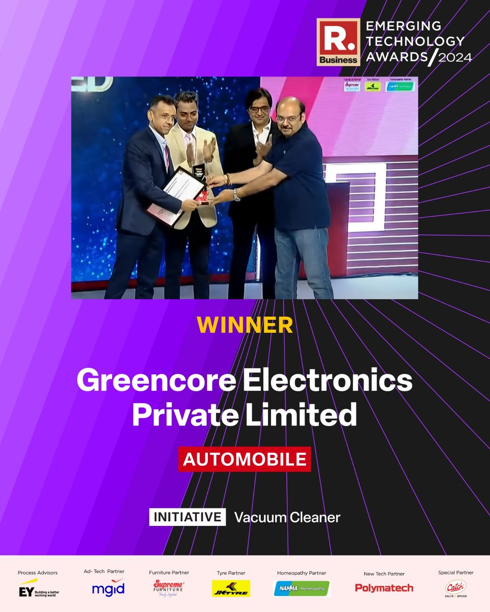republic's tweet photo. #RBETA2024 | We are delighted to announce Greencore Electronics Private Limited  as the Republic Business Emerging Technology Awards winner in the Automobiles category. Congratulations to the entire team of Greencore Electronics Private Limited!
.
.
.
#RBETA #TechAwards #Innovation #Digital #Innovate #RepublicMediaNetwork #technologyaawards #technology