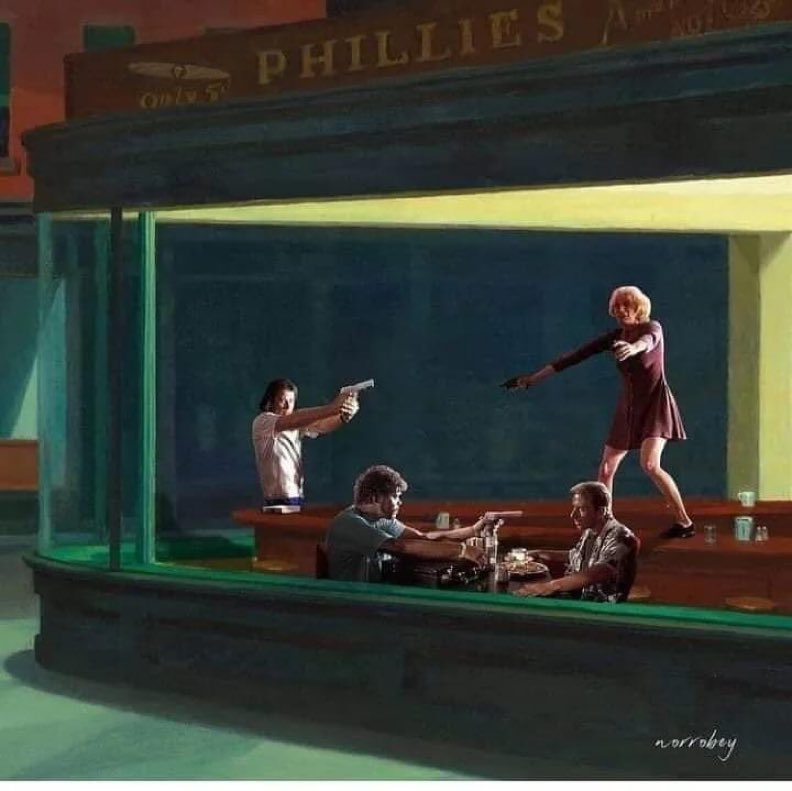 Arteymas_'s tweet photo. 🎞 Pulp Fiction (1994) dentro del cuadro Nighthawks por el pintor Edward Hopper. 🎨 https://t.co/z5suw7xlRZ
