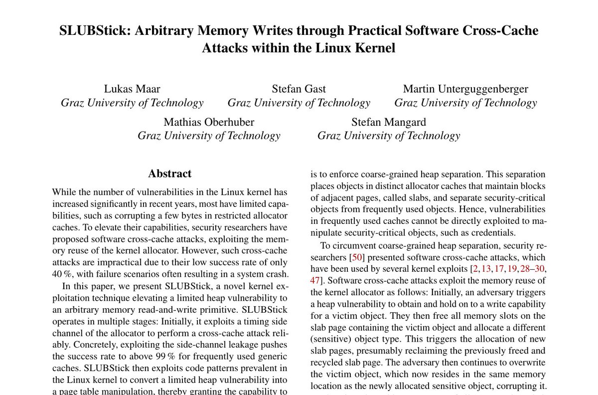 notbobbytables's tweet photo. I had the pleasure to contribute to Lukas Maar's #USENIX2024 paper "#SLUBStick".
Thanks to Lukas Maar, Martin Unterguggenberger, Mathias Oberhuber and Stefan Mangard for this great opportunity!
Congratulations to Lukas Maar for driving the paper to acceptance at USENIX Security! https://t.co/rqX2sHvDKr