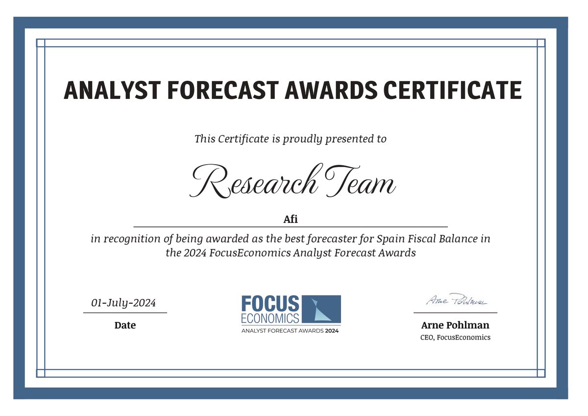 Afi_es's tweet photo. Hemos sido reconocidos por @FocusEconomics en sus premios anuales #FocusEconomicsAwards2024 como mejores analistas en la categoría Fiscal Balance (una de las seis categorías premiadas).
Enhorabuena a nuestro equipo de Finanzas Públicas.
#Economicforecasts @Afi_Research https://t.co/jMPgeg9gmS