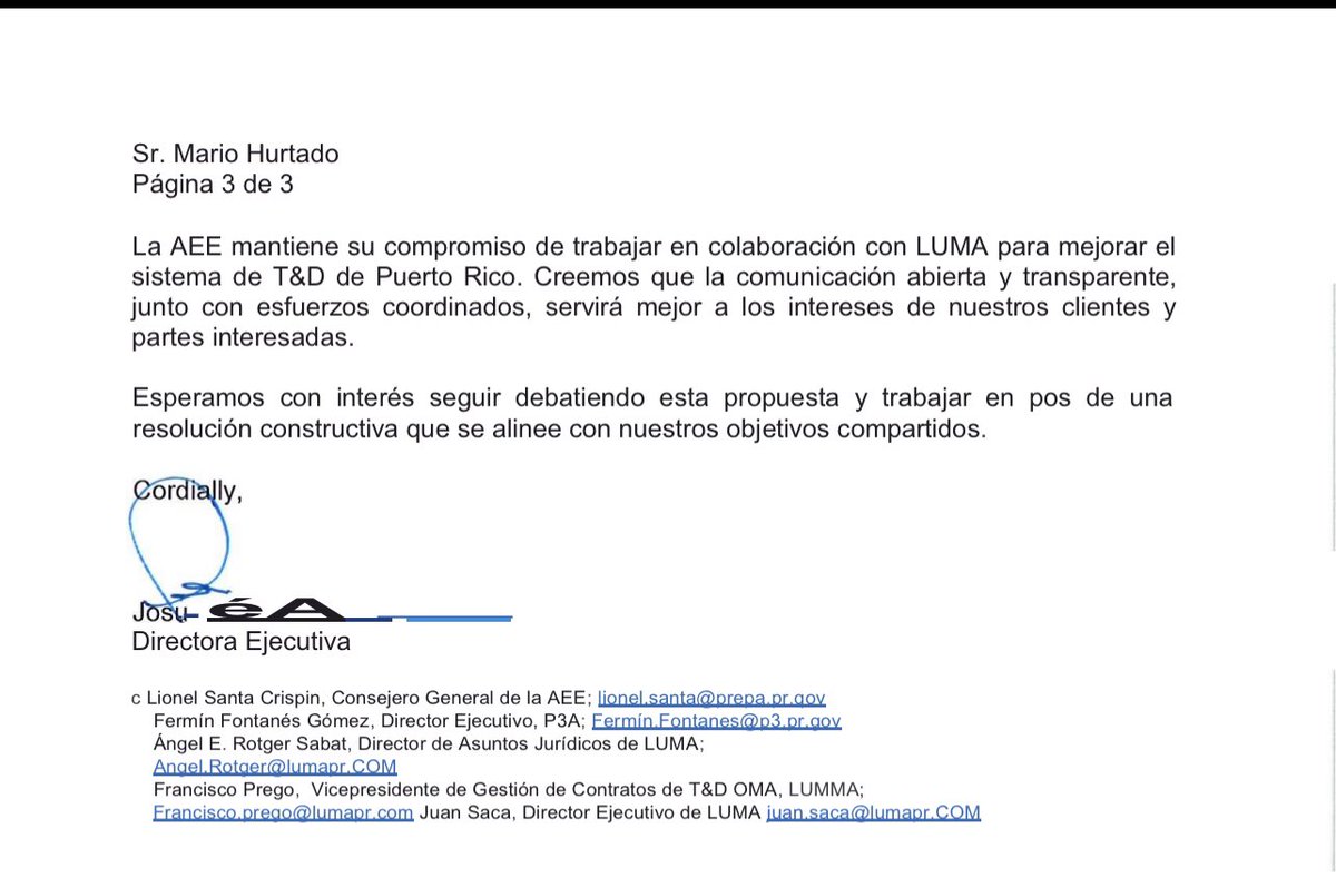 Buenos días!

Les comparto esta carta del 28 de junio de 2024, en la que el INg. JosuéColon le contesta a Luma y a Mario Hurtado que se pongan a trabajar y que se dejen dar excusas. Entre otras cosas, también les advierte que jamàs callaráa la AEE en su deber de fiscalizarlos