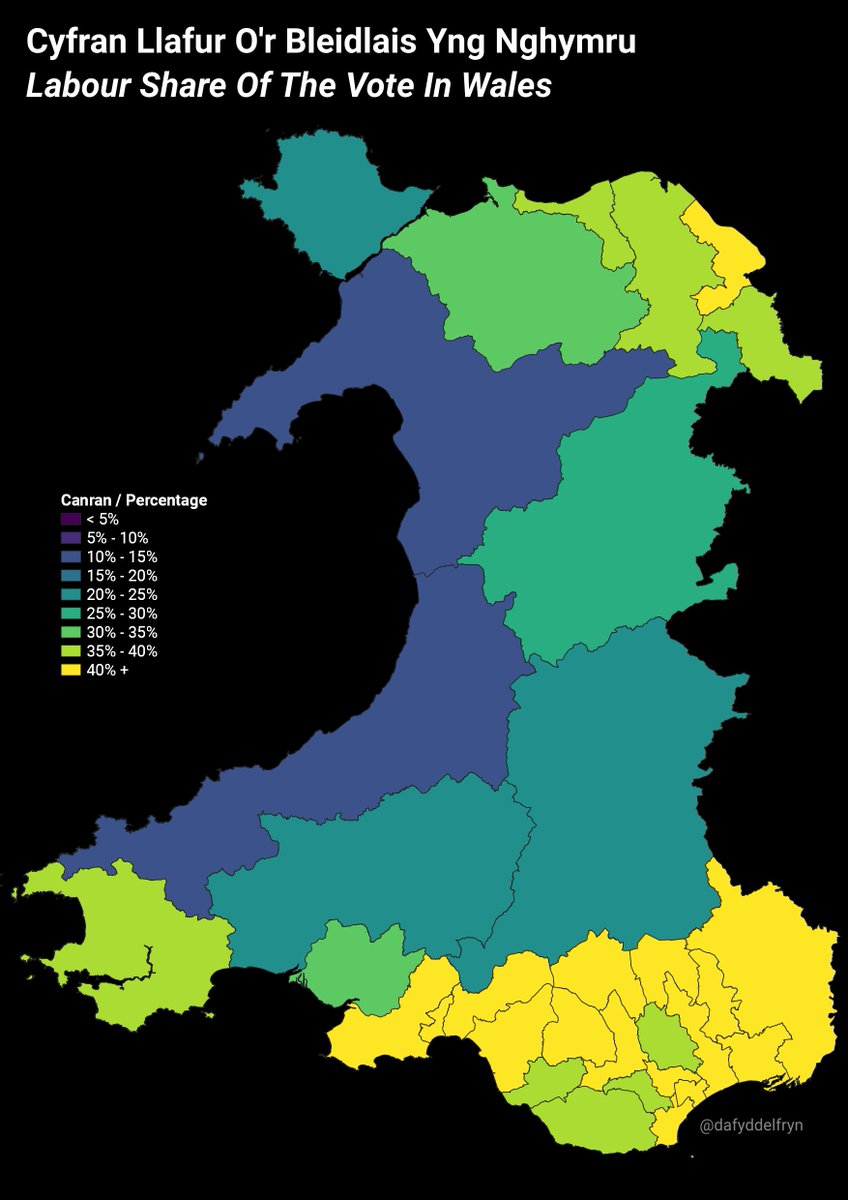 Mapiau Etholaethol Alert!!! Cyfres o fapiau sydyn yn dangos % pob plaid yng Nghymru.

Election map alert! Some quick maps showing the % each party got in wales

1. Llafur / Labour