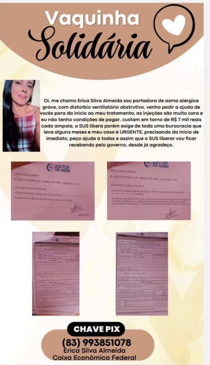 Fala galera!

Passando aqui pra compartilhar a história da minha prima com vocês e se caso alguém sentir vontade de ajudar o pix dela é esse 83993851078 , toda ajuda será bem vinda e que Deus abençoe vocês 🙏🏻