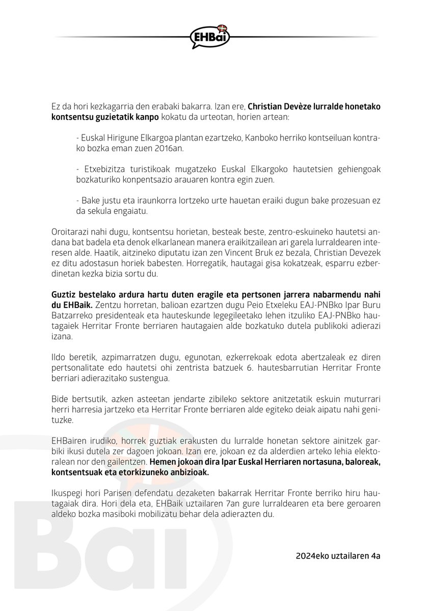 🗳️Hauteskunde legegileen bigarren itzulia

Fronte Herritar Berriko hautagaiak dira, Ipar Euskal Herriaren nortasuna, baloreak, kontsentsuak eta etorkizuneko anbizioak Parisen defendatu dezaketen bakarrak.

💫EHBaik, uztailaren 7an itxaropena alde bozkatzera deitzen du.