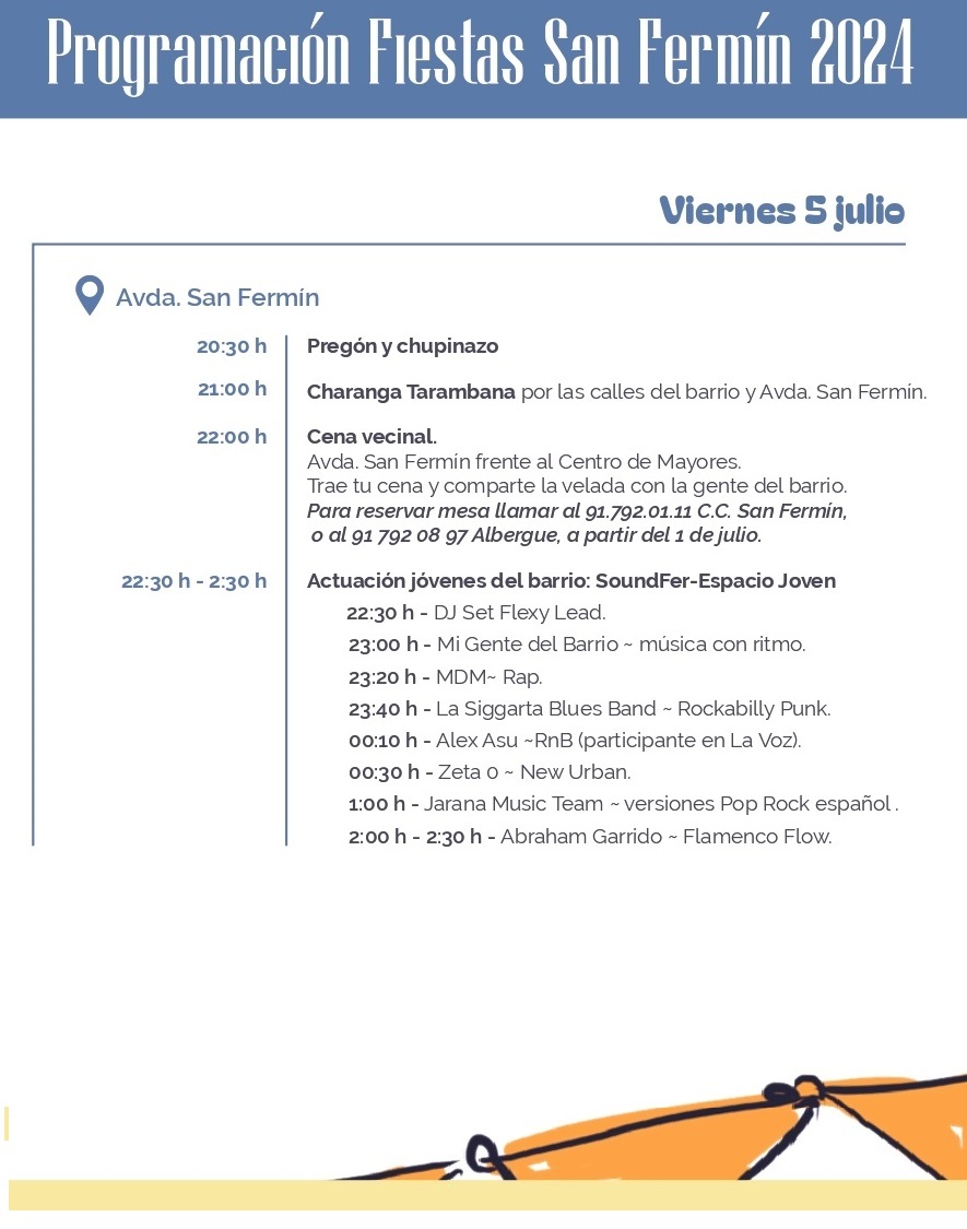 jmd_usera's tweet photo. 📢Estamos de #FiestasSanFermín 2024 en #Usera
Hasta el domingo 7 de julio
📢 Hoy, viernes 5
📌Pregón y chupinazo.20:30h
Charanga por las calles del barrio y #AvenidaSanFermín
Cena vecinal
Actuación jóvenes del barrio en el #SoundFer-EspacioJoven
👉https://t.co/SOObCjEuz3 https://t.co/BhHb7zSu8v