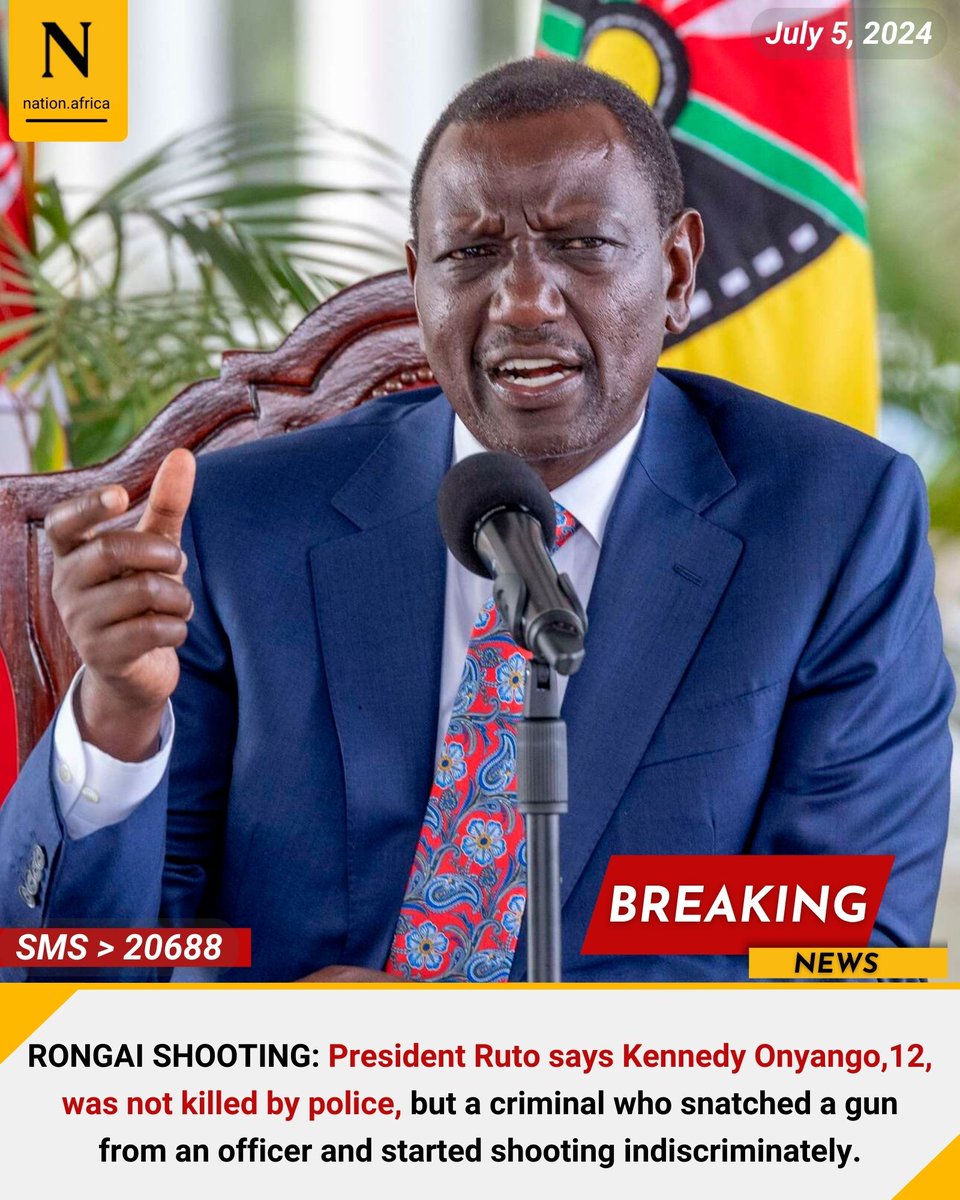 NationAfrica's tweet photo. RONGAI SHOOTING: President Ruto says Kennedy Onyango,12, was not killed by police, but a criminal who snatched a gun from an officer and started shooting indiscriminately. https://t.co/Kvmjd37VJS
