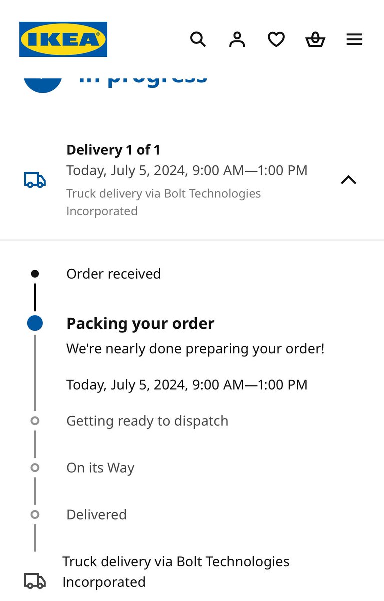 powerpuni's tweet photo. AFTER 1.5 WEEKS OF WAITING, MY ORDER HAS MOVED FROM “RECEIVED” TO “PACKING YOUR ORDER”💁🏻‍♂️ WILL IT ACTUALLY COME TODAY🤷🏻‍♂️ @IKEACanada https://t.co/K3MgCPoY3l
