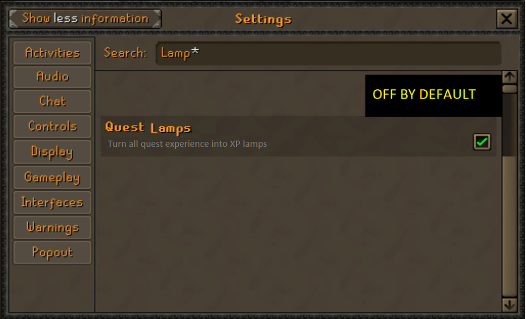 Quest reward xp lamps opt in toggleable option example. 

<a href="/OldSchoolRS/">Old School RuneScape</a>