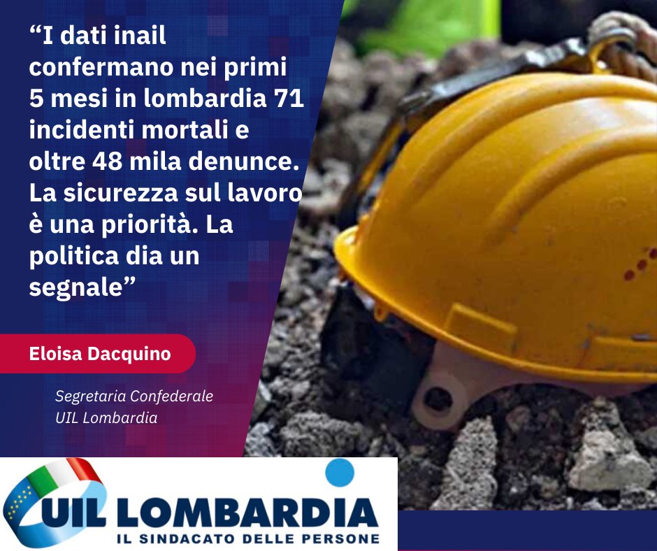 Uil Milano Lombardia (@uilmilanolombar) on Twitter photo Incidenti sul lavoro primi 5 mesi 2024 in Lombardia: 71 incidenti mortali e oltre 48 mila denunce. <a href="/edacquino/">Eloisa Dacquino</a> "La sicurezza sul lavoro è una priorità. La politica dia un segnale"
👉 uilmilanolombardia.it/la-sicurezza-s…
<a href="/Vizza1972/">Enrico Vizza</a> <a href="/UILofficial/">Uil Nazionale</a> <a href="/VincenzoCesare2/">Vincenzo Cesare</a> <a href="/montedurototi/">salvatore monteduro</a> <a href="/enriazz/">Enrico Azzaro</a> Incidenti sul lavoro primi 5 mesi 2024 in Lombardia: 71 incidenti mortali e oltre 48 mila denunce. <a href="/edacquino/">Eloisa Dacquino</a> "La sicurezza sul lavoro è una priorità. La politica dia un segnale"
👉 uilmilanolombardia.it/la-sicurezza-s…
<a href="/Vizza1972/">Enrico Vizza</a> <a href="/UILofficial/">Uil Nazionale</a> <a href="/VincenzoCesare2/">Vincenzo Cesare</a> <a href="/montedurototi/">salvatore monteduro</a> <a href="/enriazz/">Enrico Azzaro</a>