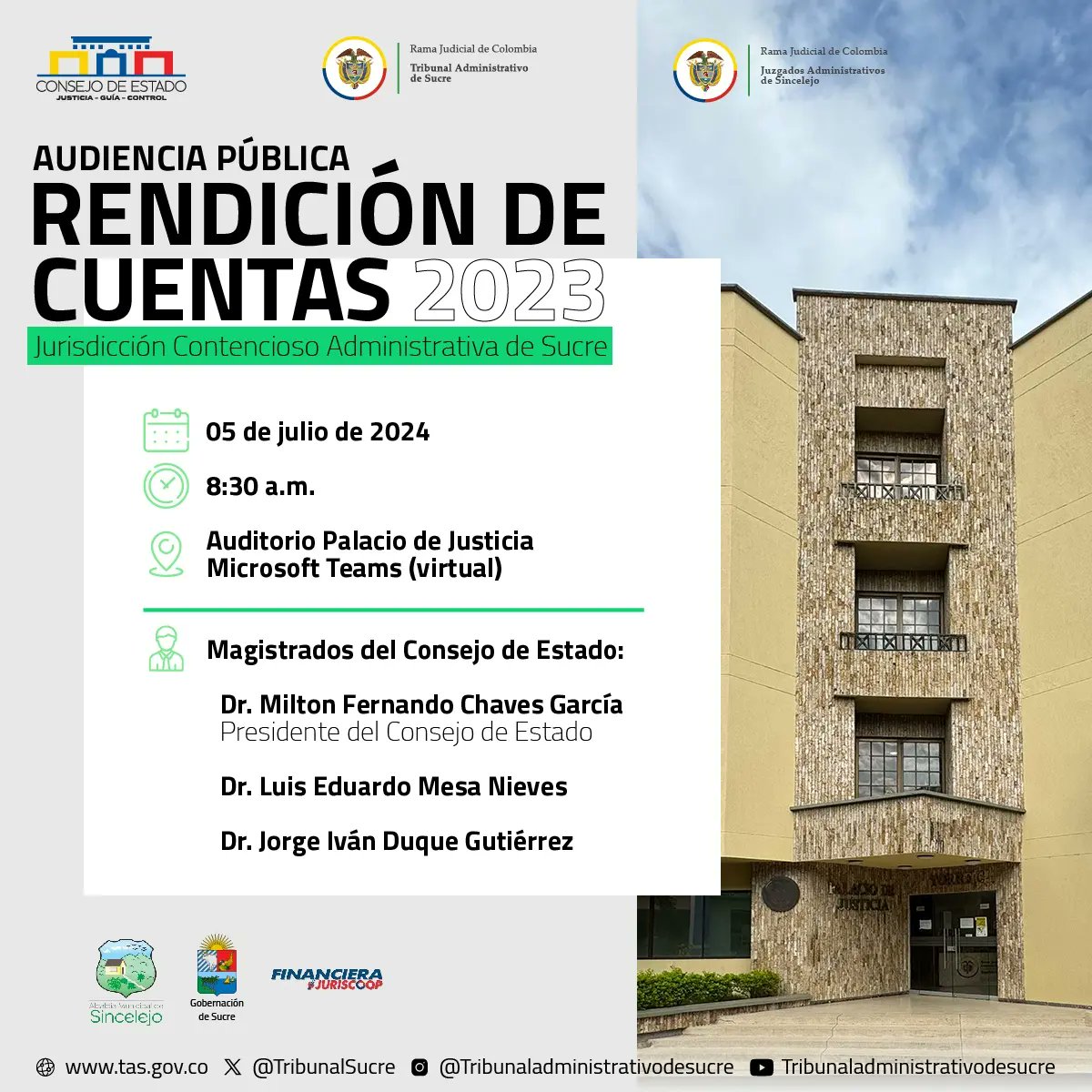 TribunalSucre's tweet photo. ¡No te pierdas la Rendición de Cuentas de la Jurisdicción de lo Contencioso Administrativo de Sucre!

Te invitamos a conocer de cerca su gestión y sus logros en 2023

🗓 5 de julio 
🕣 8:30 a. m.
🔴 Transmisión ➡ https://t.co/PMgzNvvRmg https://t.co/m8mp8XPBJ1
