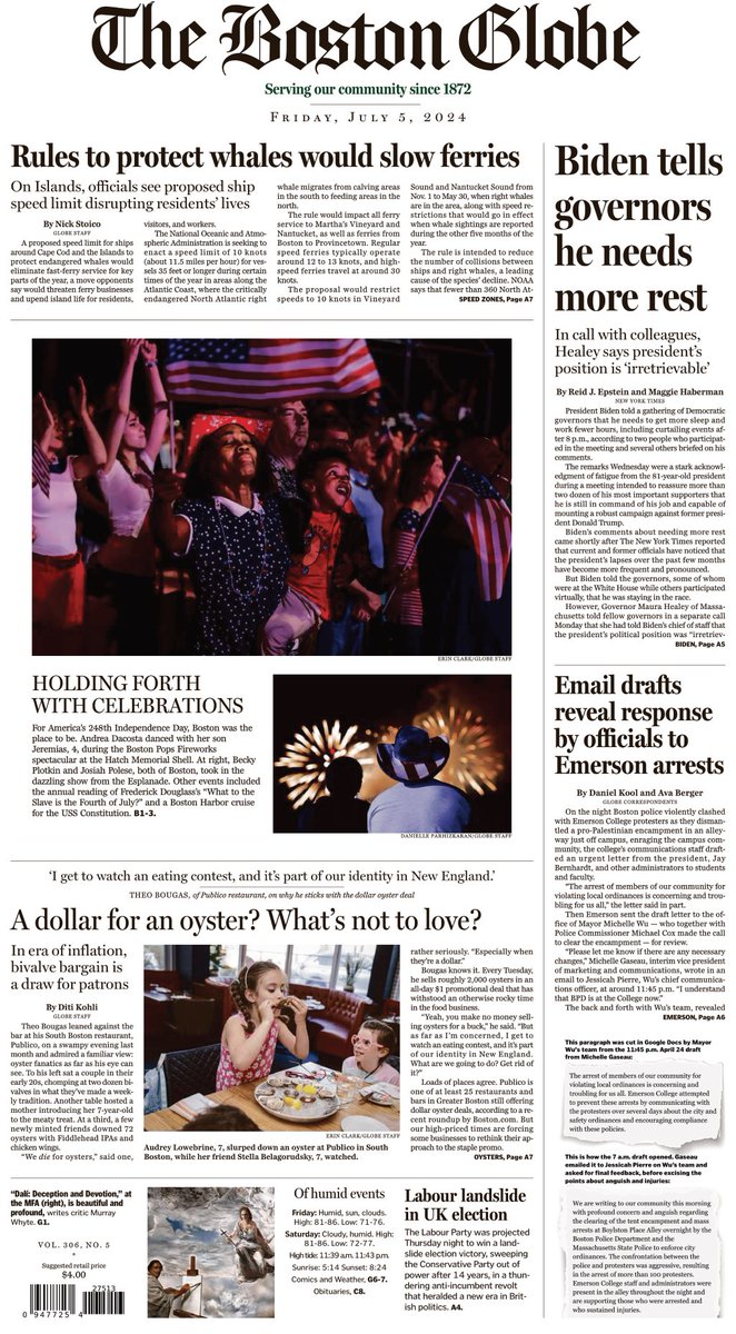 In today's paper: A proposed rule would slow down ships to protect right whales. That includes the Nantucket fast ferry. Biden tells governors he needs more sleep and less work at night; and more. trib.al/v3I7W4R