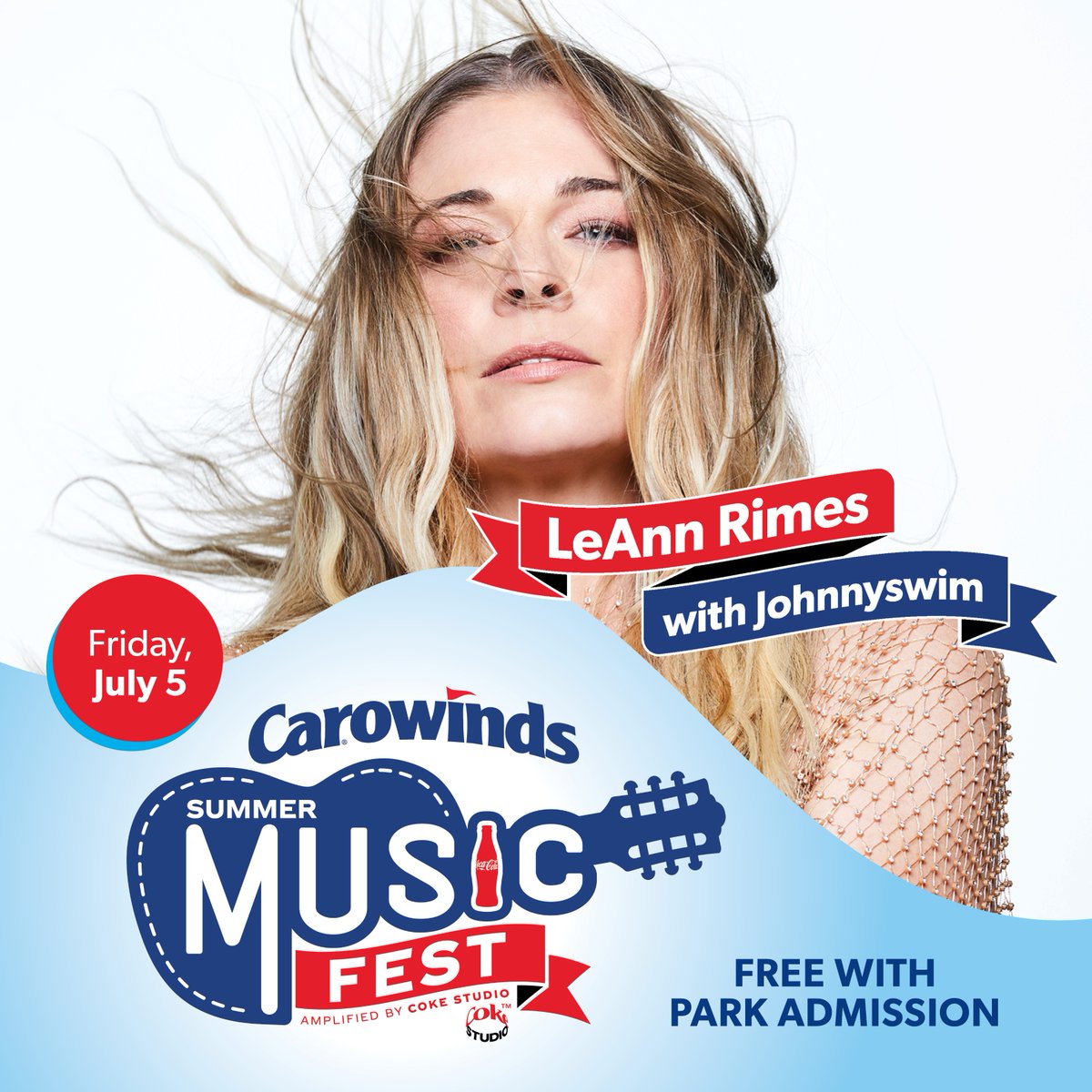 #Carowinds Summer Music Fest amplified by Coke Studio™ kicks off tonight!

JULY 5 SCHEDULE ⤵️ 

🎢 Carowinds: 10 AM - 10 PM
💦 Carolina Harbor: 11 AM - 6 PM

🔓 Paladium gates open: 5 PM
🎙️ Johnnyswim: 6:30 PM
🎙️ LeAnn Rimes: 8 PM

Tickets: bit.ly/3Y80JEf