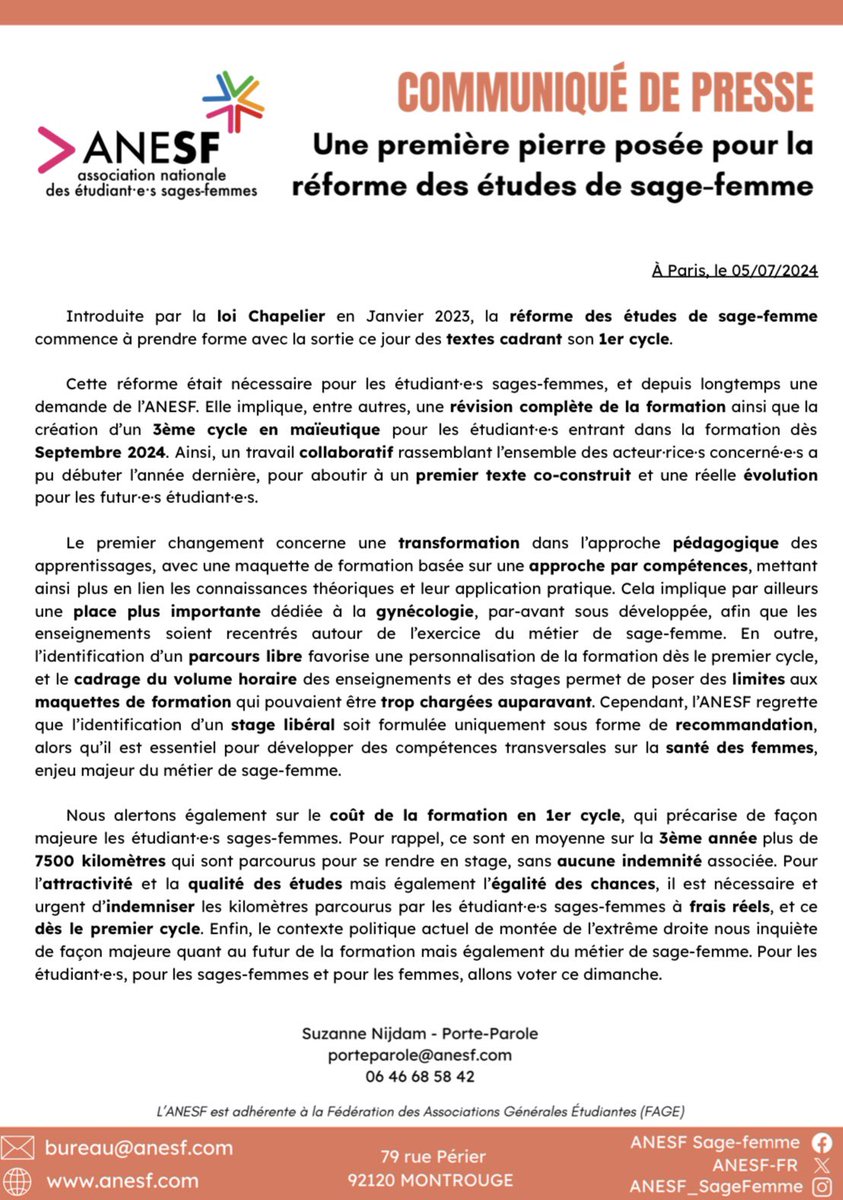 ANESF_FR's tweet photo. #CDP 

🗞️une première pierre posée dans la réforme des études de sage-femme 

👉retrouvez notre communiqué sur la sortie des textes cadrant le premier cycle de la formation https://t.co/KYzWrHpV9m