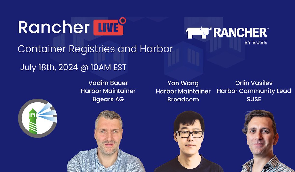 Rancher (@rancher_labs) on Twitter photo Join @orlinvasilev and two of the core <a href="/project_harbor/">Project Harbor</a> maintainers - <a href="/vad1mo/">Vadim Bauer</a> and <a href="/wy65701436/">wang yan</a> in discussion of container and artefact registries based on their experience maintaining one of the <a href="/CloudNativeFdn/">CNCF</a> graduated projects <a href="/project_harbor/">Project Harbor</a> Join @orlinvasilev and two of the core <a href="/project_harbor/">Project Harbor</a> maintainers - <a href="/vad1mo/">Vadim Bauer</a> and <a href="/wy65701436/">wang yan</a> in discussion of container and artefact registries based on their experience maintaining one of the <a href="/CloudNativeFdn/">CNCF</a> graduated projects <a href="/project_harbor/">Project Harbor</a>