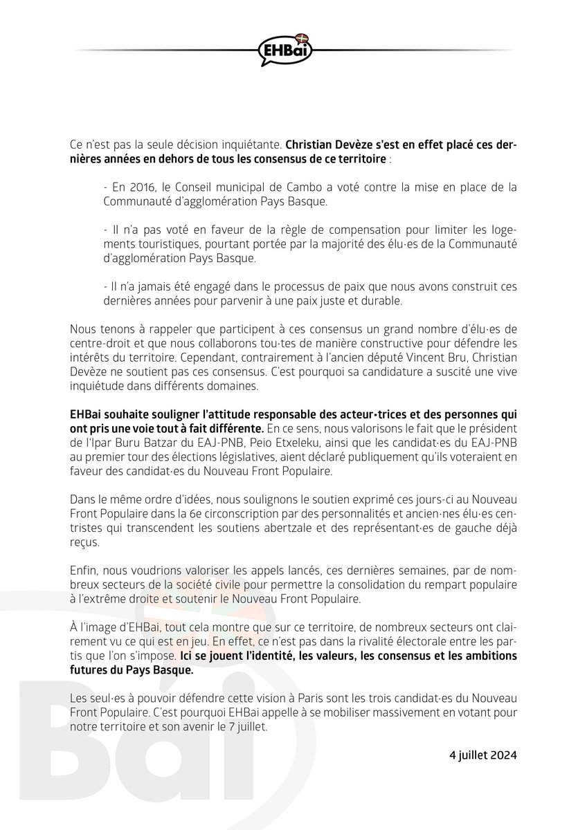 🗳️ 2e tour des élections législatives

Ici se jouent l’identité, les valeurs, les consensus et les ambitions futures du Pays Basque.
Les seul•es à pouvoir défendre cette vision à Paris sont les 3 candidat•es du Nouveau Front Populaire. 

💫Le 7 juillet, votons l'alternative !