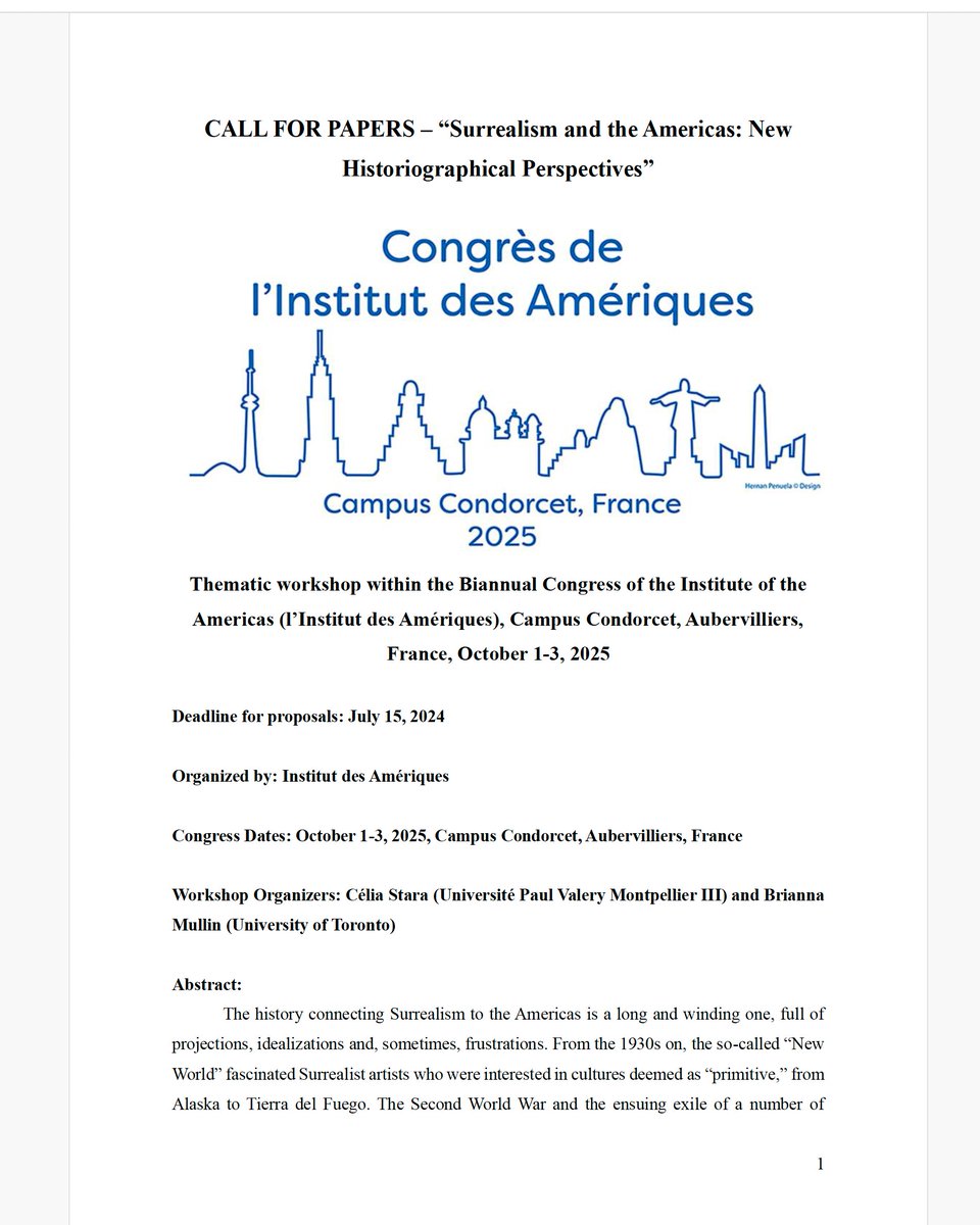 ISSS_Surrealism's tweet photo. CALL FOR PAPERS – “Surrealism and the Americas: New Historiographical Perspectives.” Thematic workshop within the Biannual Congress of the Institute of the Americas (l’Institut des Amériques), Campus Condorcet, Aubervilliers, France, October 1-3, 2025: https://t.co/lI60jVw41t https://t.co/weJohiYewn