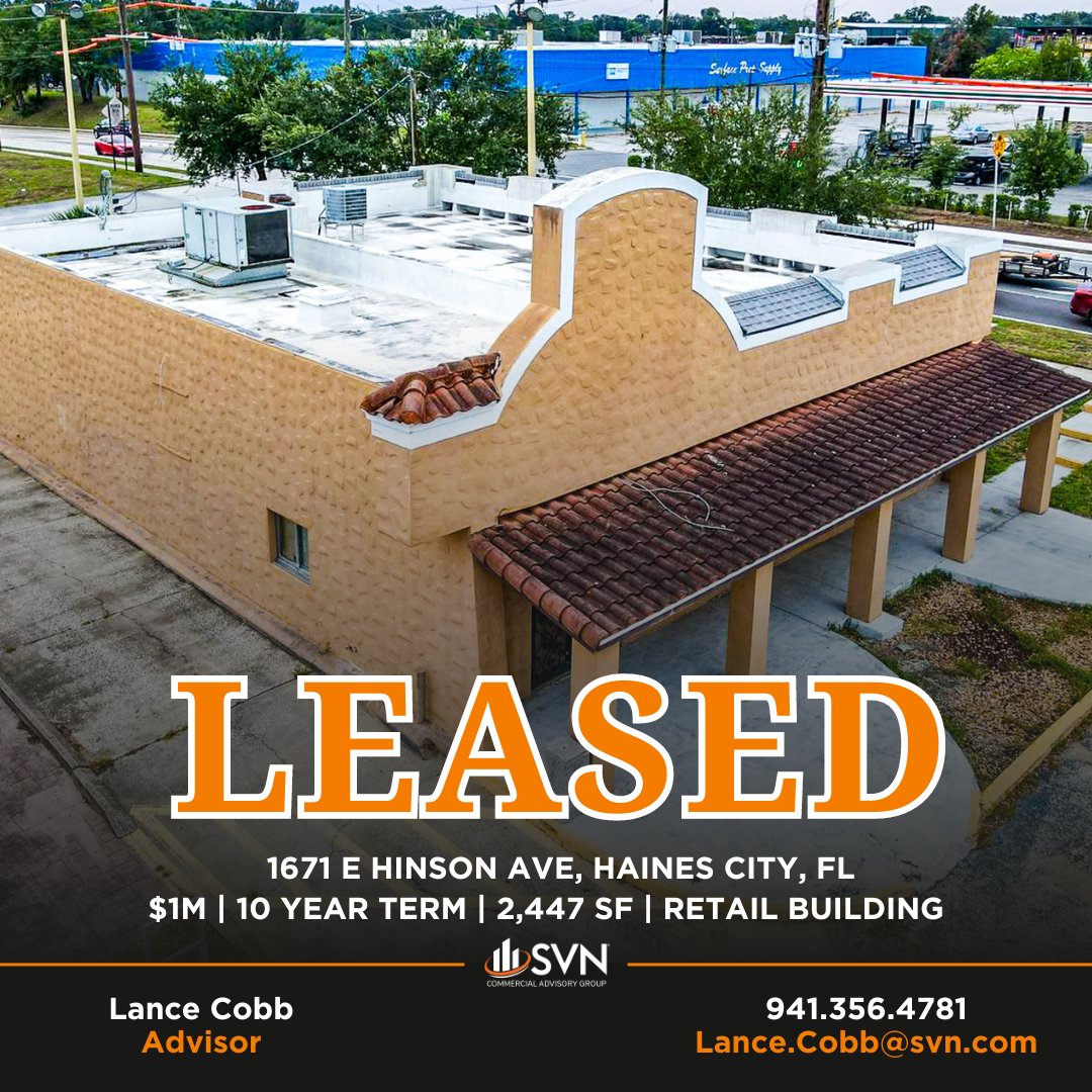 #Leased | Congratulations to Advisor Lance Cobb on the closing of this standalone retail building in Haines City, FL! 👏

Lance represented the landlord and the tenant, Taqueria Agave, LLC who will open a full-service Mexican restaurant in the 2,447 SF space.